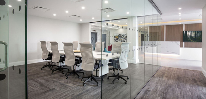 a boardroom encased in glass